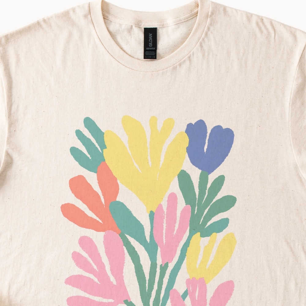 Abstract Hand Flower Bouquet Graphic Tee Vibrant Modern Art
